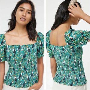 Anthropologie Dolan Green Tropical Toucan Print Smocked Puff Sleeve Top